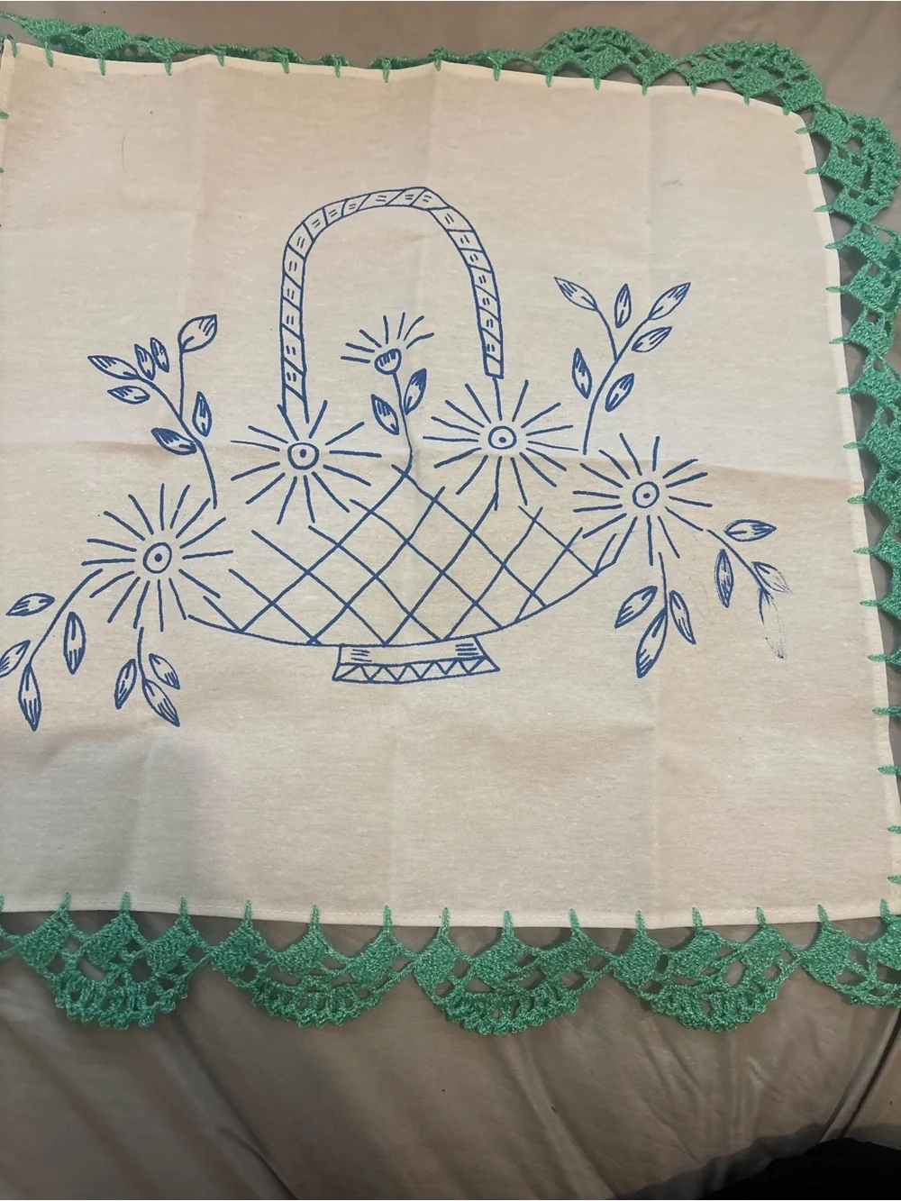 Hand-Embroidered White Tablecloth with Green Crochet Edge